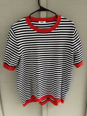 zeagoo Black and White Striped Top with Red Trim